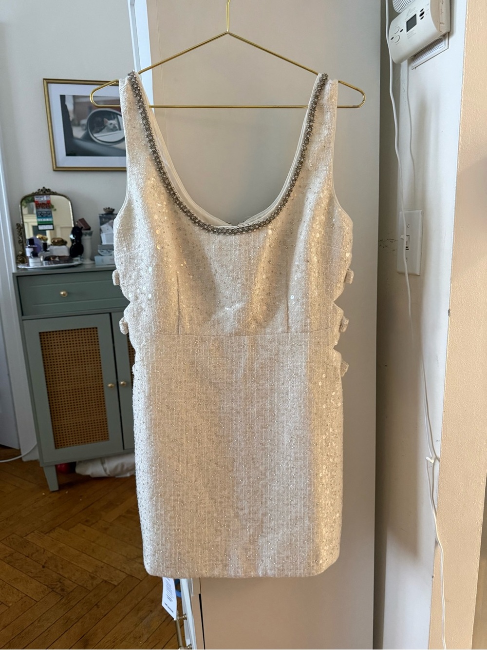 Self-Portrait Ivory Sequin Mini Dress with Beaded Trim
